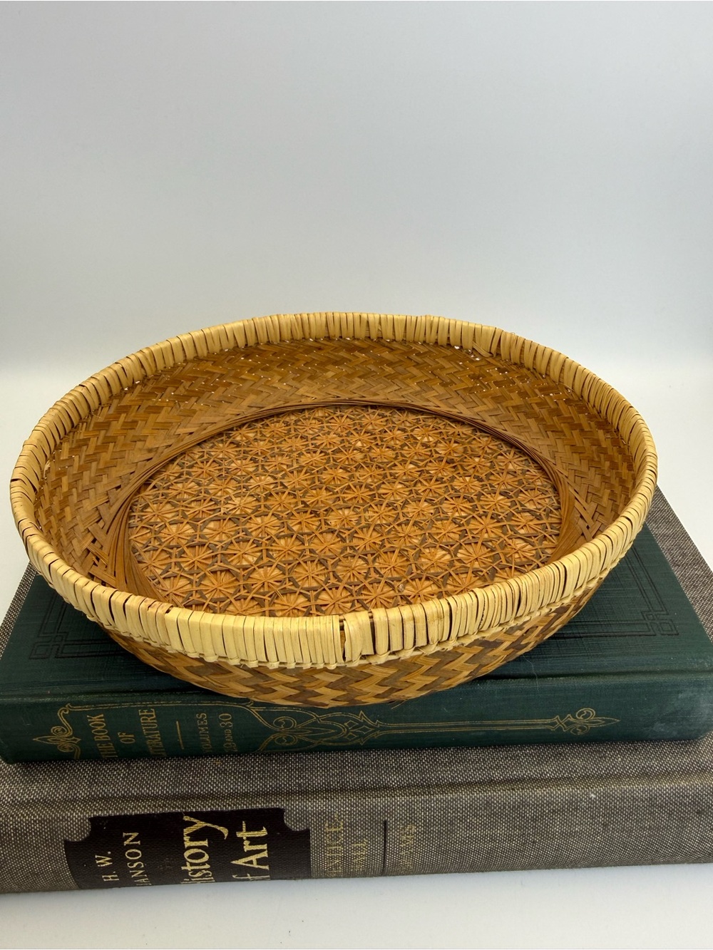 Vintage Handcrafted Woven Basket with Intricate Star Pattern 8.5”